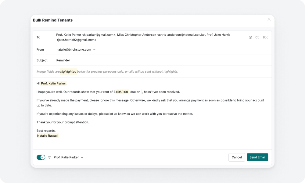 Bulk email rent arrears reminders