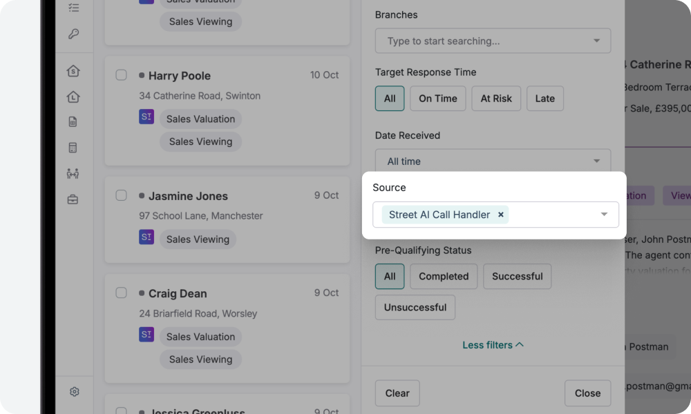 Filter Street AI Calls in Enquiry Centre