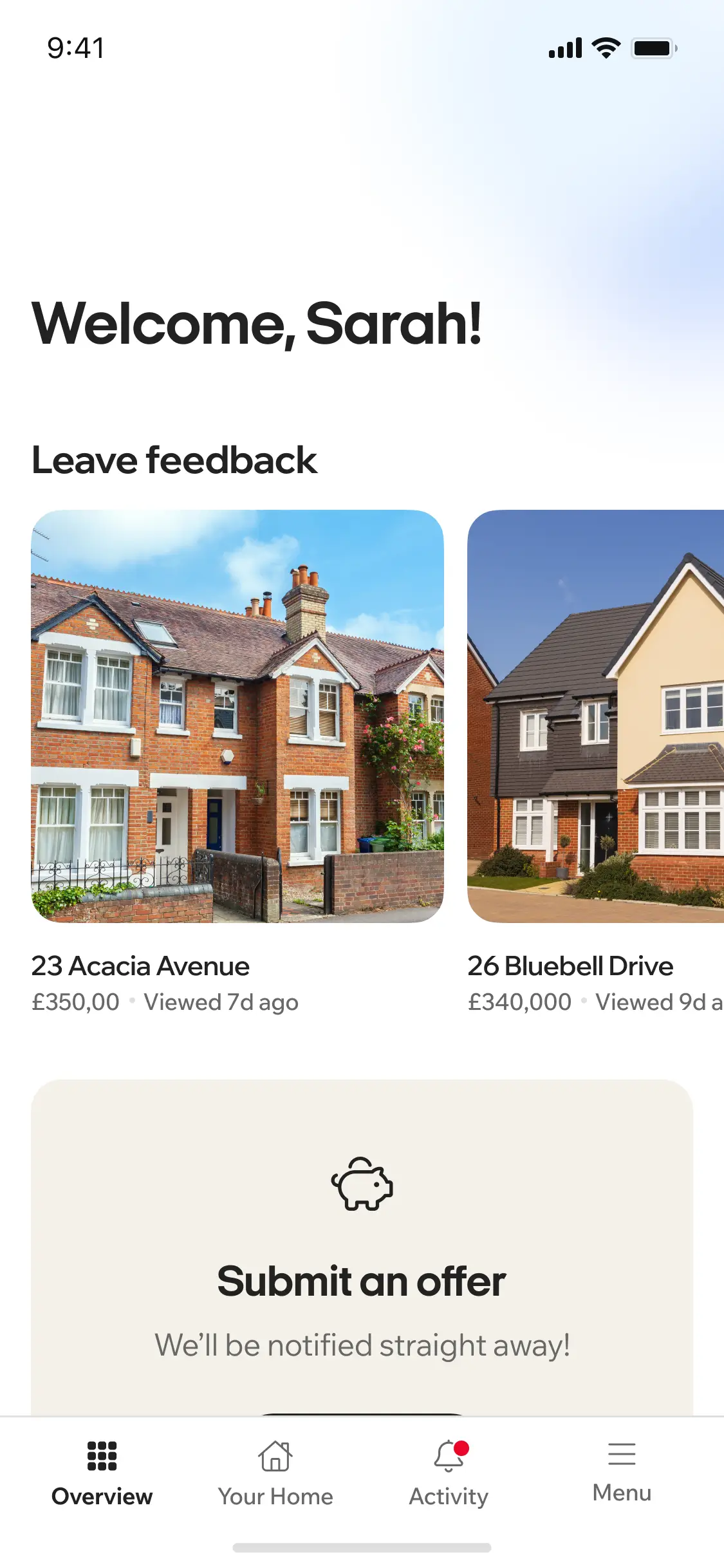 Street.co.uk's buyer app, showing a home-viewing feedback prompt on a mobile device.