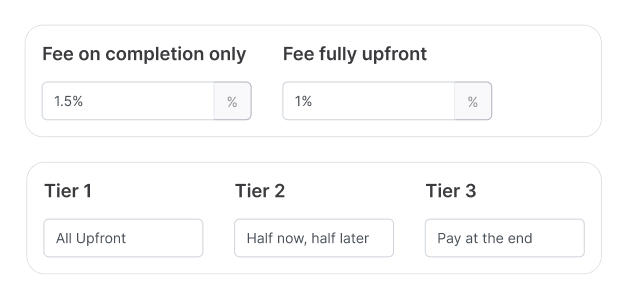 Fee tier card showing the upfront and completion split for a chosen structure, with the total earning at or above the agent's normal fee
