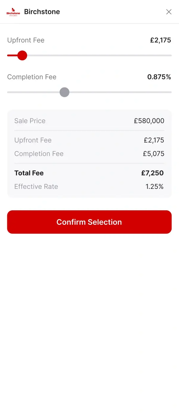 Vendor confirming their chosen fee inside the newly designed Street.co.uk valuation report, ready to instruct in a click