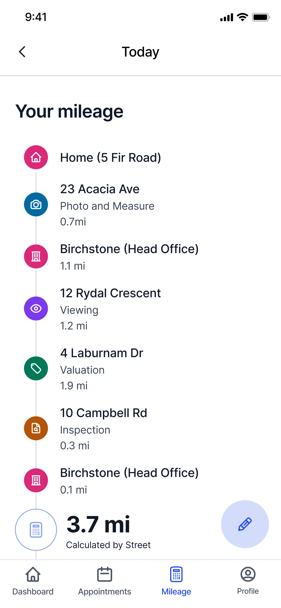 Street Agent App mileage screen showing the day's route and distance