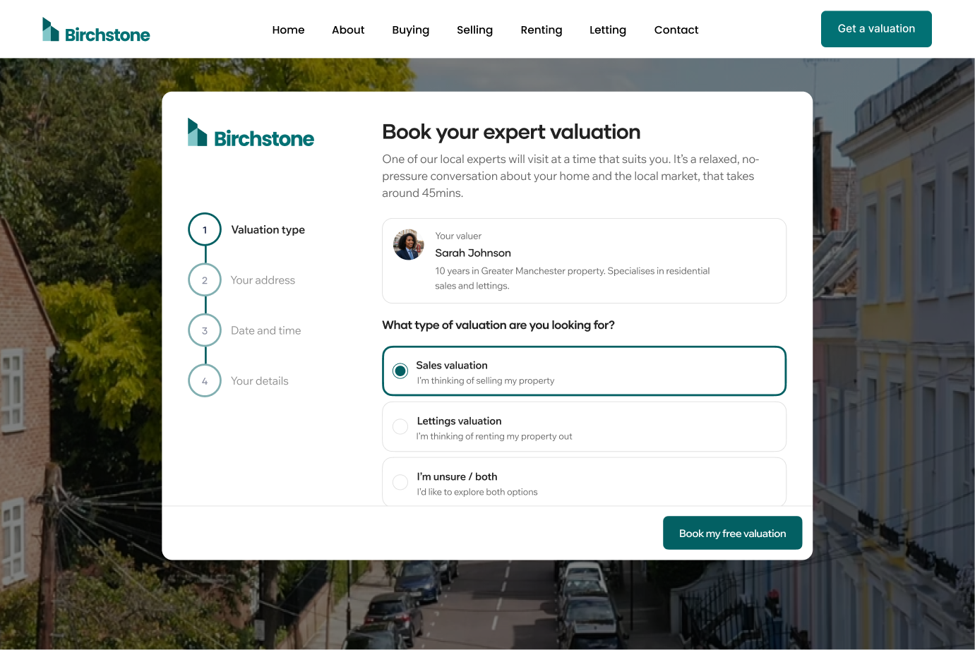 Booking journey in an agency's own branding, showing the four steps and the assigned valuer
