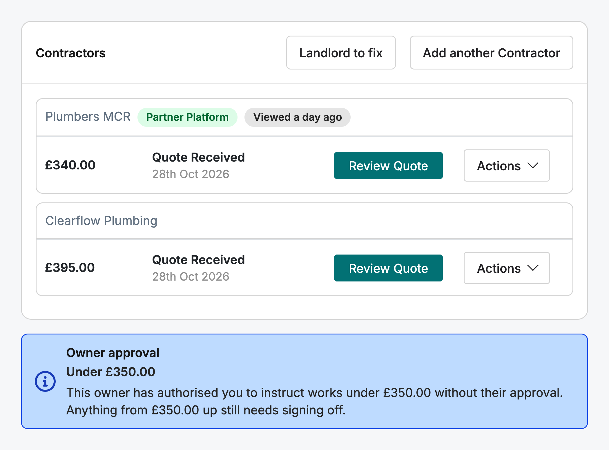 A maintenance job in Street with quotes from Plumbers MCR, on the Partner Platform, and Clearflow Plumbing, above the owner's £350 approval limit
