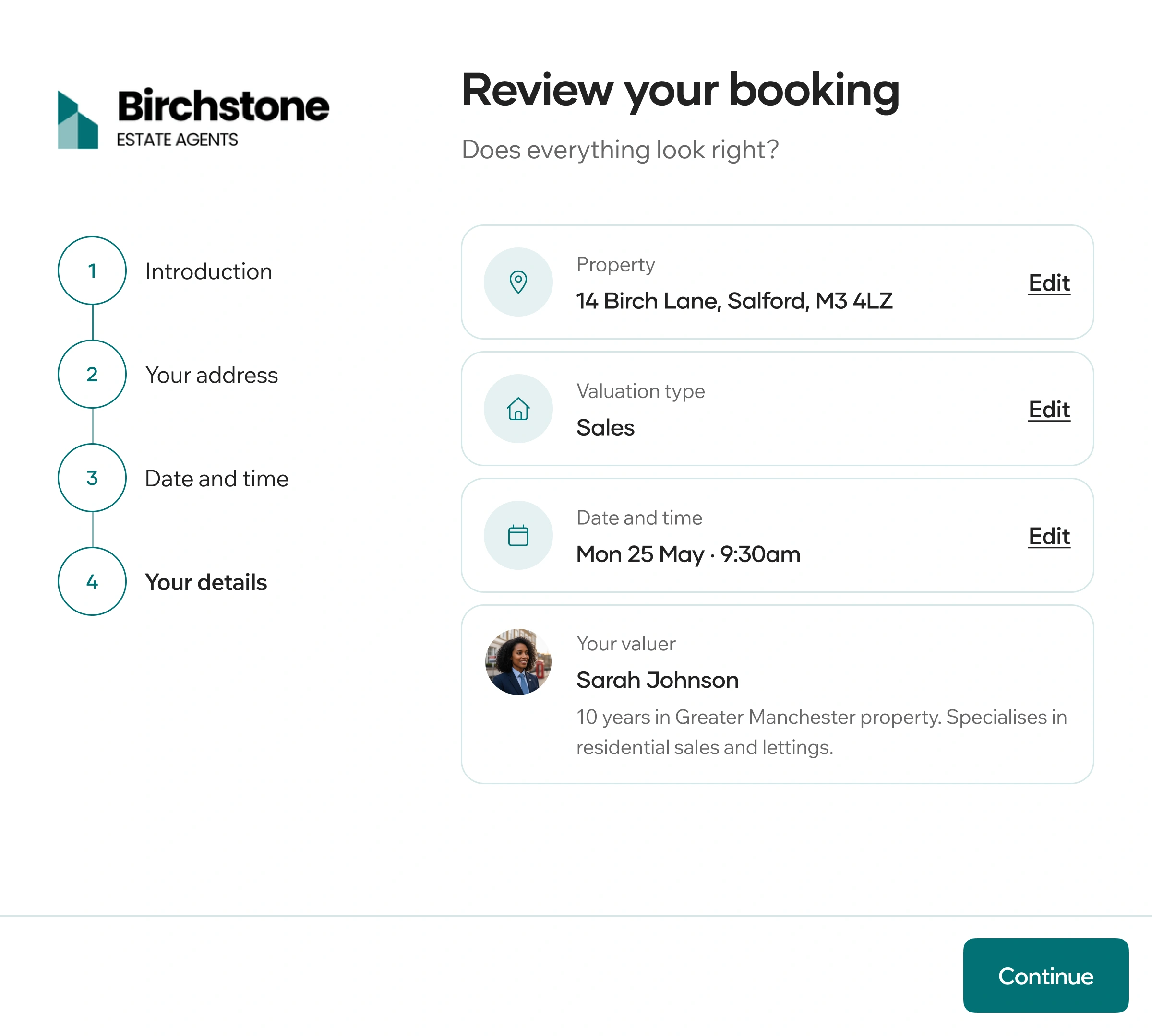 Review step of a branded booking journey, showing the booking summary and the assigned valuer