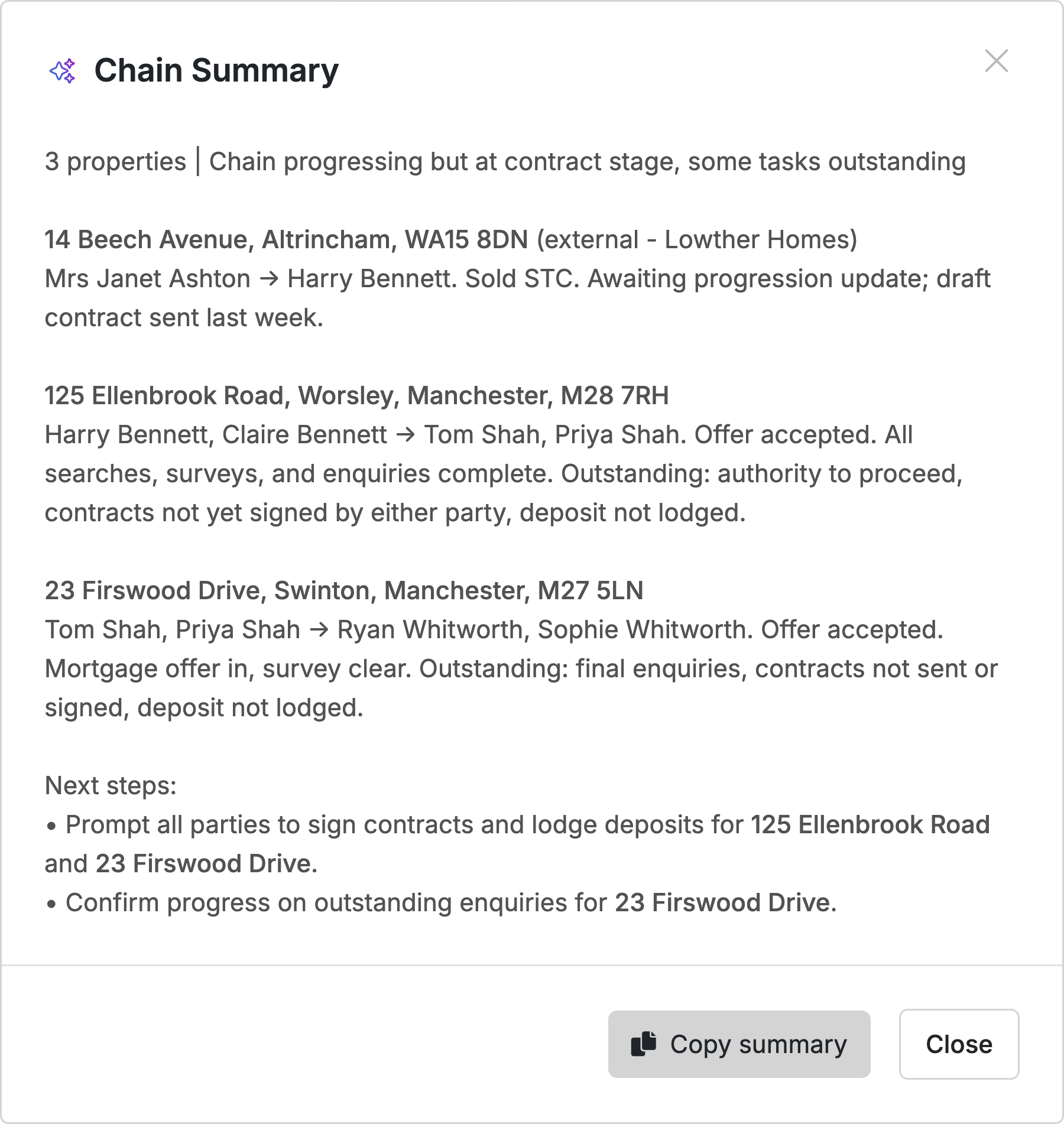 The Street AI Chain Summary for a chain of three sales, with next steps