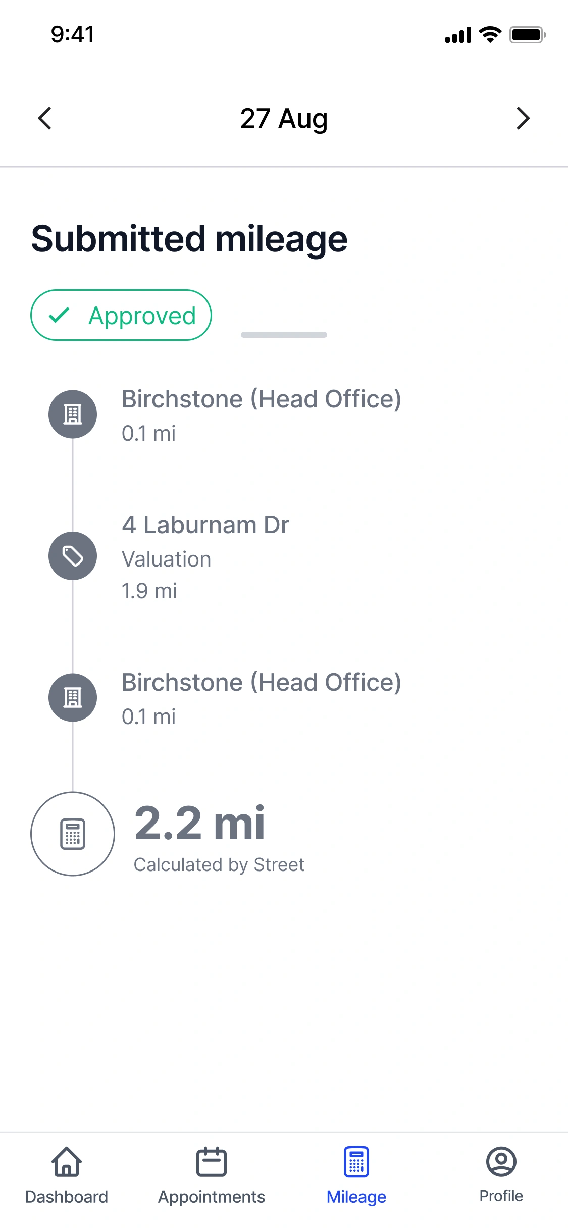 Mileage claim awaiting approval in the Agent App