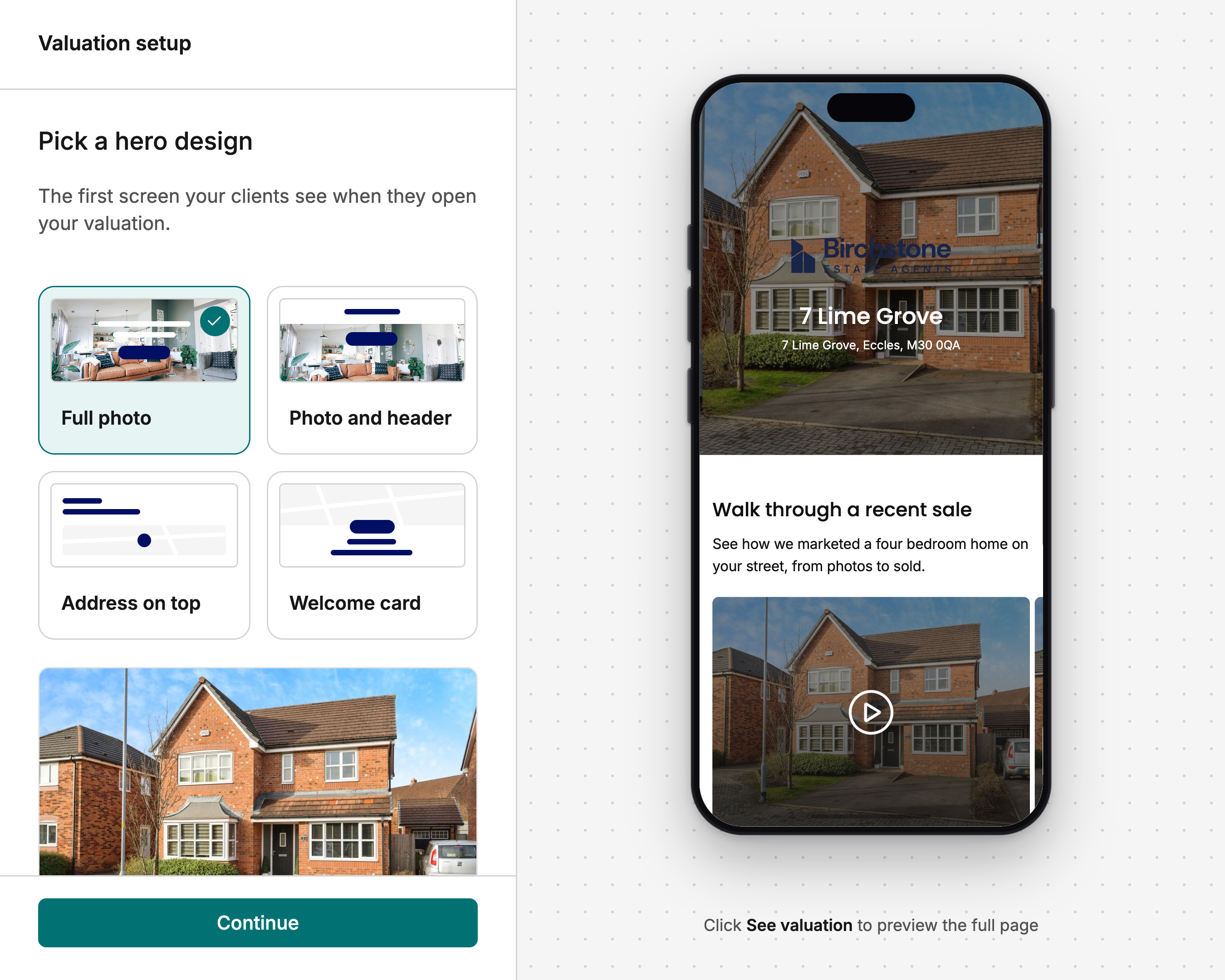 The valuation template set-up: four opening designs beside a phone preview of the report in Birchstone's brand