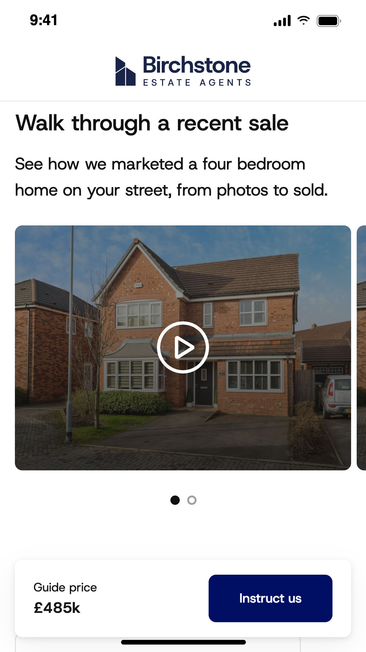 A valuation report on the vendor's phone, with a video and the Instruct us button pinned