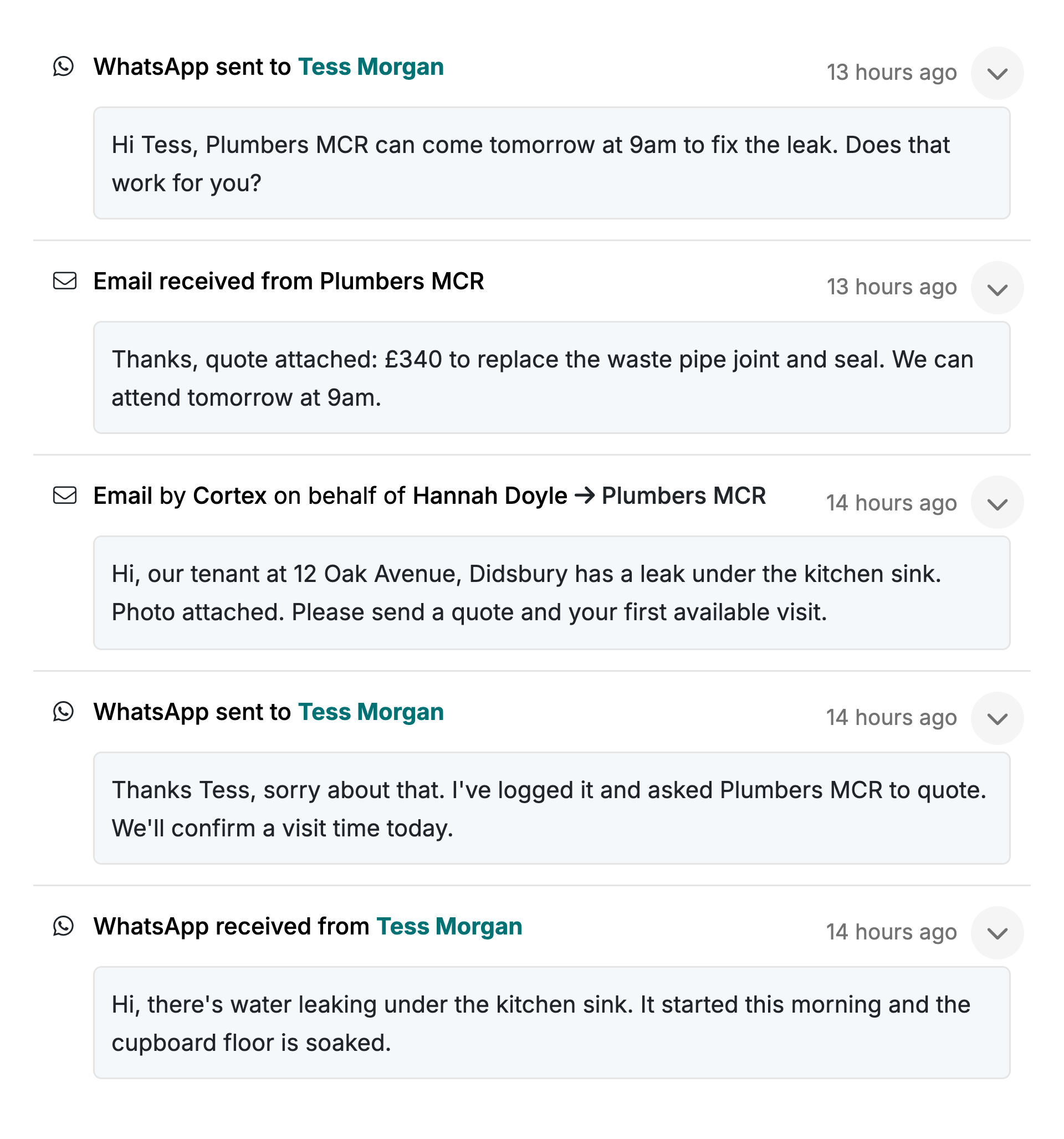 A tenant's WhatsApp about a leak, then Cortex's reply, quote request and visit booking, all logged on the record