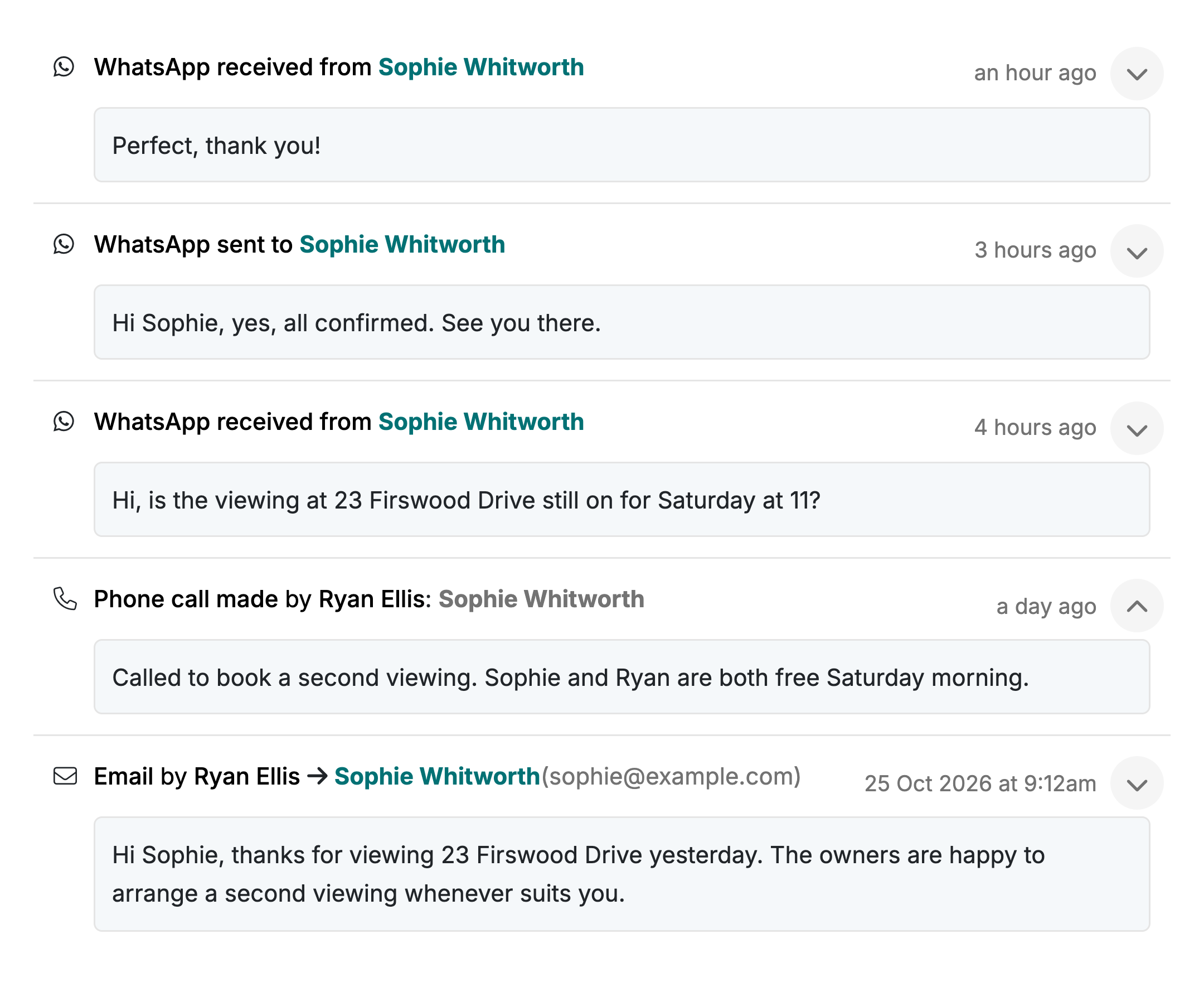WhatsApp messages on a contact's record, alongside a call and an email