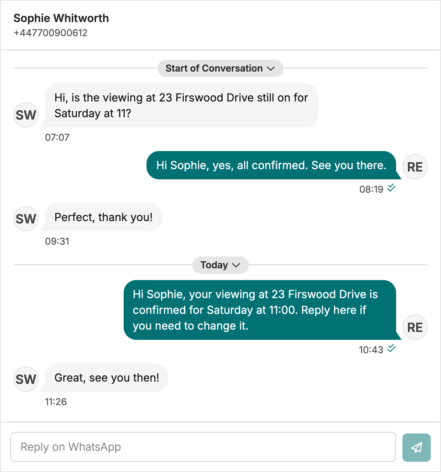 A WhatsApp conversation in Street: the agency's viewing confirmation template sent and read, and the buyer's reply